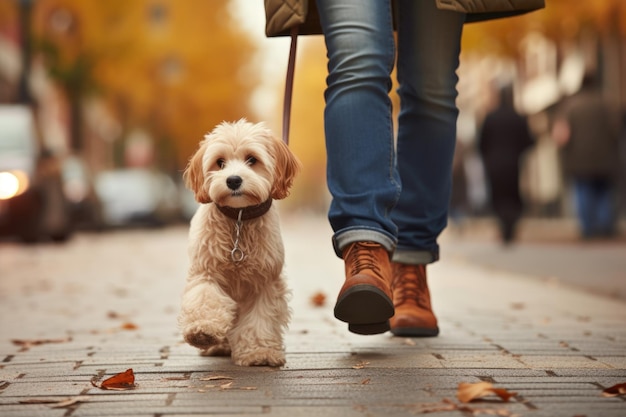 Chien de garde d'animaux marchant avec un propriétaire méconnaissable dans un passage pour piétons de la rue généré par l'IA