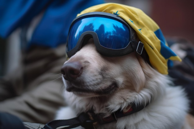 Un chien généré par l'IA enveloppé dans un drapeau bleu-jaune de l'Ukraine dans un casque militaire et des lunettes de soleil