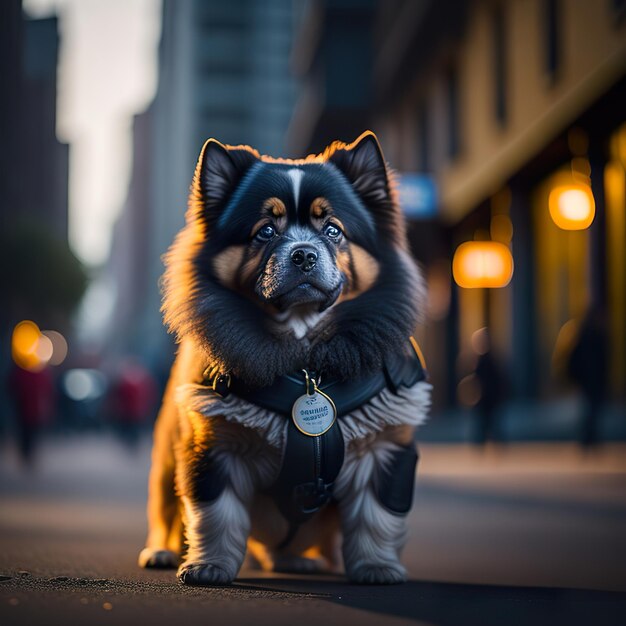 Un chien avec un gilet qui dit "je suis un chien"