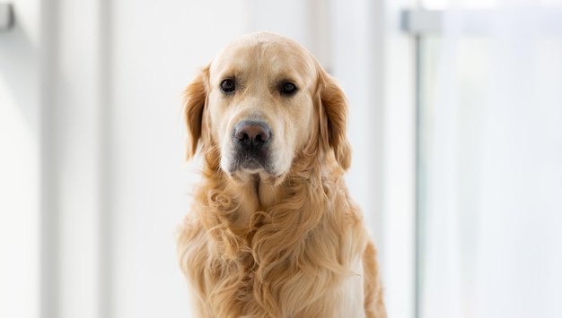 Chien Golden retriever assis dans la pièce avec la lumière du jour près de la fenêtre et regardant la caméra pur...