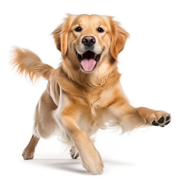 Chien Golden Retriever courant et sautant devant un fond blanc