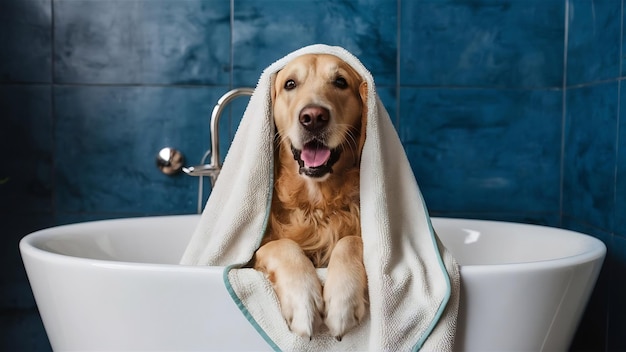 Chien golden retriever couvert d'une serviette dans la baignoire après le lavage
