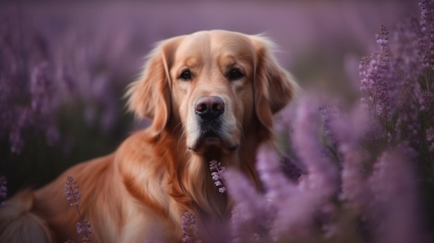 Un chien golden retriever dans un champ de fleurs violettes