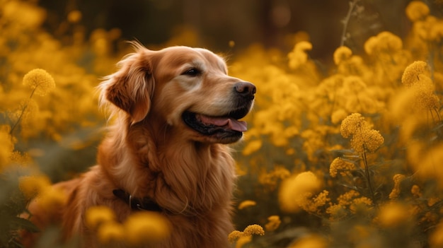 Un chien golden retriever dans un champ de fleurs