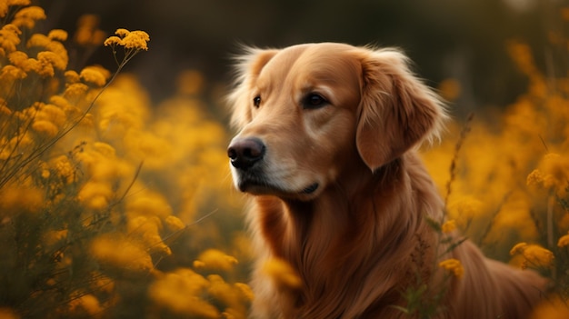 Un chien golden retriever dans un champ de fleurs