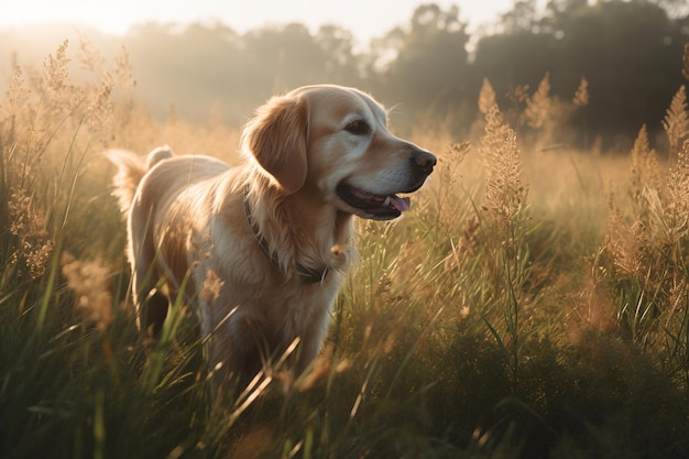 Un chien golden retriever dans un champ d'herbes hautes