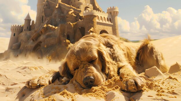 Photo un chien golden retriever dort dans le sable devant un château de sable. le chien est couvert de sable et a l'air très fatigué.