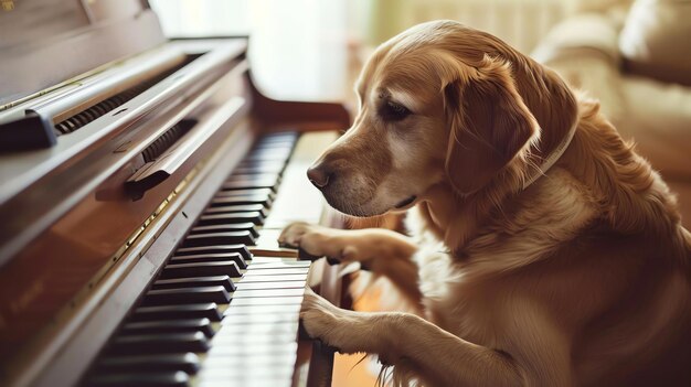 Un chien golden retriever est assis sur le banc devant le piano avec ses pattes sur les touches