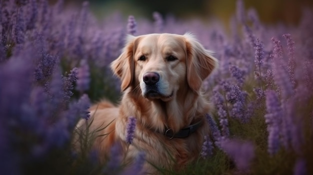 Un chien golden retriever est assis dans un champ de fleurs violettes.