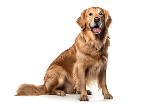 Un chien golden retriever est assis devant un fond blanc.