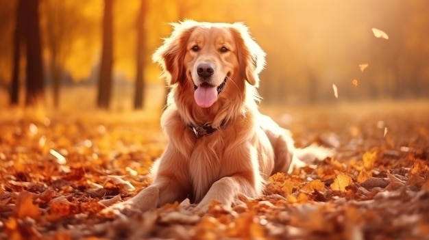 Chien golden retriever sur le fond de la nature d'automne