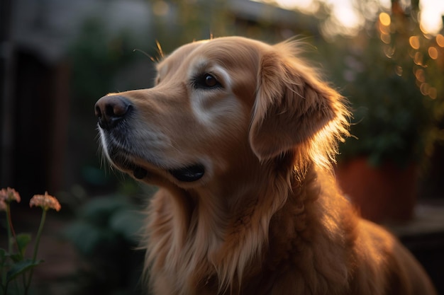 Un chien golden retriever lève les yeux vers le ciel.