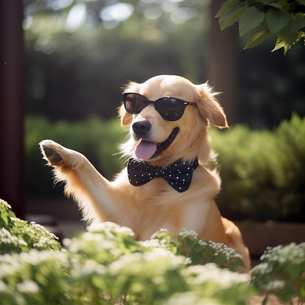 Chien Golden Retriever avec des lunettes noires cool