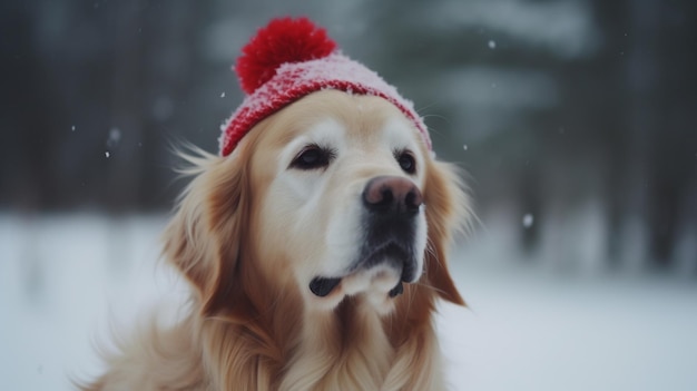 Un chien golden retriever portant un chapeau rouge et blanc