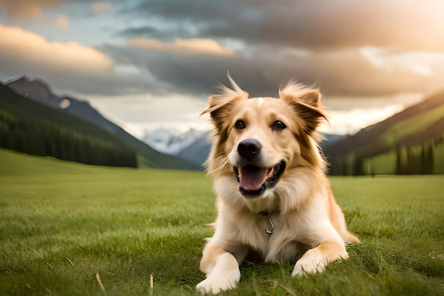 Un chien golden retriever portant dans un champ avec des montagnes en arrière-plan