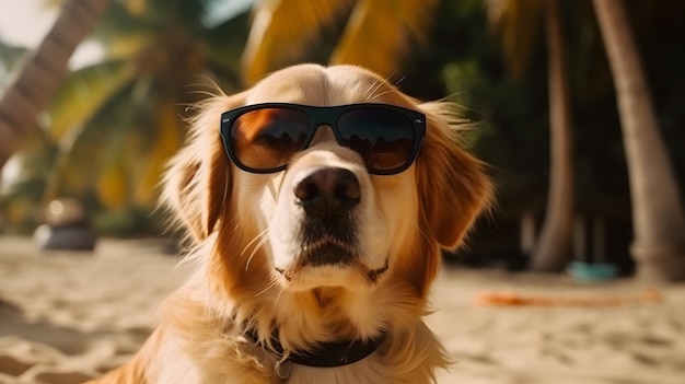 Un chien golden retriever portant des lunettes de soleil est assis sur une plage.