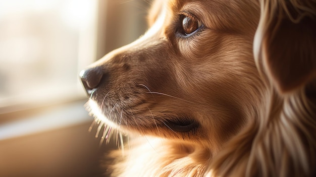 Un chien golden retriever qui regarde par la fenêtre.