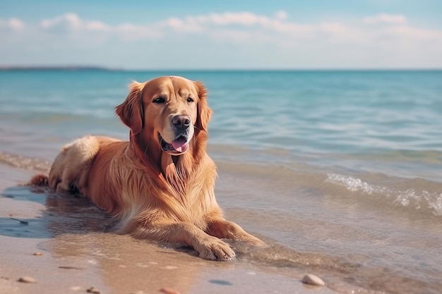 Un chien golden retriever s'étendant dans le sable à la plage