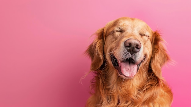 Un chien golden retriever souriant et heureux clignotant les yeux un fond rose en studio