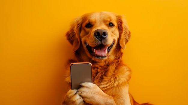 un chien golden retriever tenant un téléphone portable avec ses pattes sur un fond jaune plat simulant une photo de studio