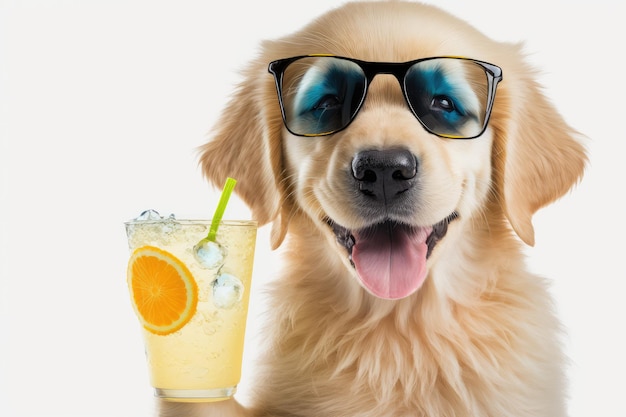 Chien golden retriever avec verre de cocktail sur fond blanc