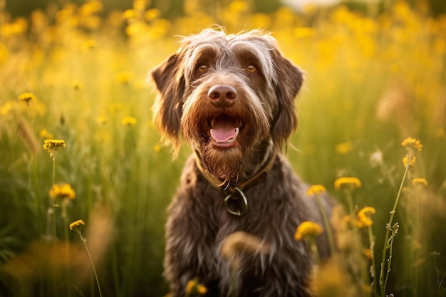 Chien griffon d'arrêt à poil dur assis dans un champ de prairie entouré de fleurs sauvages vibrantes et d'herbe par une journée ensoleillée générée par ai