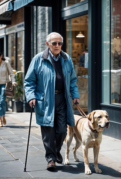 Photo un chien-guide aide un homme âgé à mauvaise vue à se déplacer dans la ville.