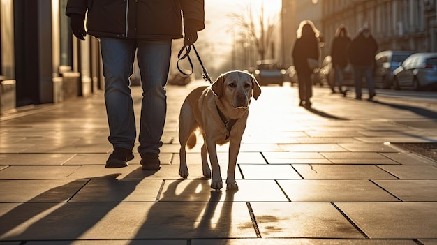 Un chien guide aide un homme malvoyant à marcher dans la ville Golden Labrador Guide Dog Generative Ai