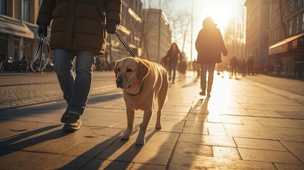 Un chien guide aide un homme malvoyant à marcher dans la ville Golden Labrador Guide Dog Generative Ai