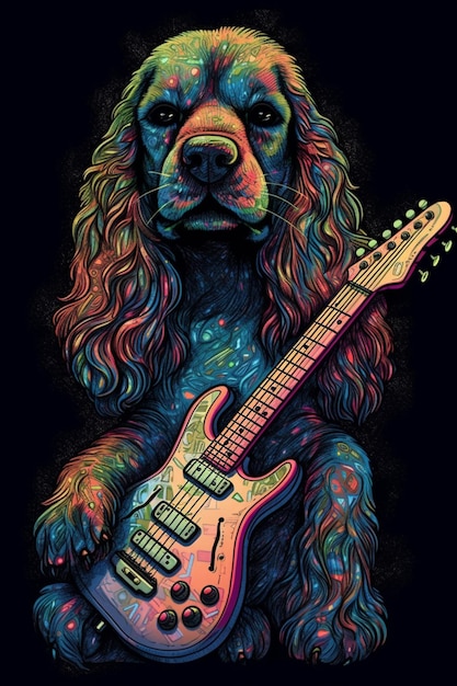 Un chien avec une guitare au cou