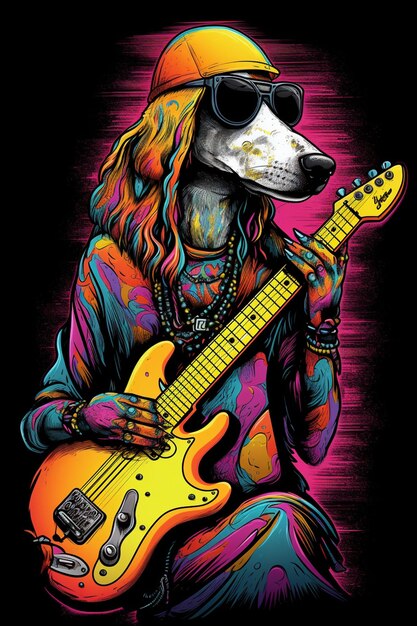 Un chien avec une guitare sur la tête joue de la guitare.