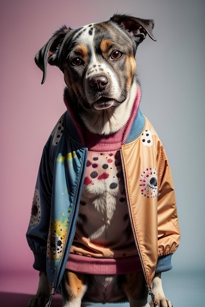 Chien habillé assis sous le mur de fond de couleur mignon fond d'écran de photographie HD