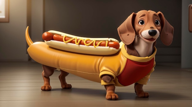 un chien habillé en costume de hot-dog avec un chignon sur le dos