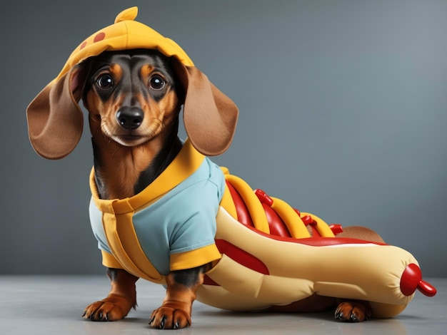 un chien habillé en hot-dog dans un costume avec un chapeau