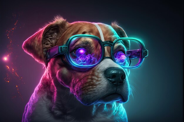 chien hacker de réalité virtuelle cyberpunk, ville futuriste sur fond de nuit, IA générative
