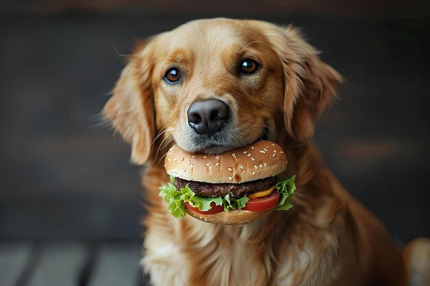 Un chien avec un hamburger dans la bouche.