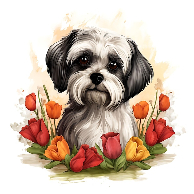 Chien havanais aquarelle entouré de fleurs de tulipes vitrine sur fond blanc art numérique