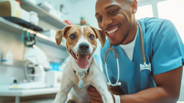 Photo chien heureux au rendez-vous chez le vétérinaire ia générative