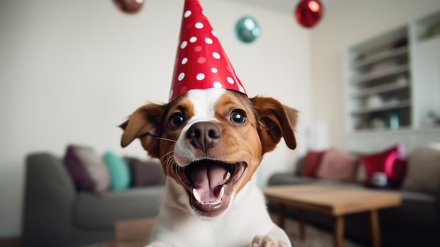 Un chien heureux en casquette festive fête son anniversaire à la maison Créé avec la technologie Generative AI