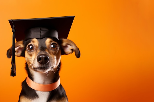 Chien heureux avec casquette de graduation sur fond jaune Concept d'éducation et d'apprentissage