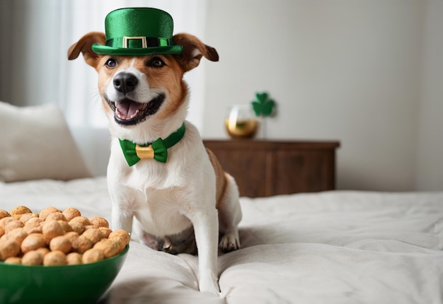 Un chien heureux célébrant la fête de Saint-Patrick en gros plan Un jeune chien dans un chapeau de leprechaun Concept du thème de la fête