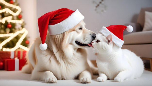 Un chien heureux et un chat heureux ensemble