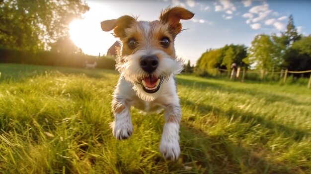 Chien heureux courir russell jack sauter chien d'été souriant jeu d'amour