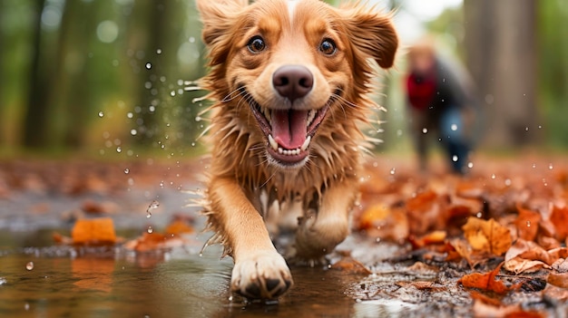 Photo un chien heureux court vite à travers les flaques de eau un jour de pluie