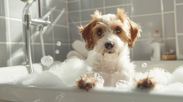 Photo un chien heureux dans un bain à bulles avec un petit canard jaune et des bulles de savon