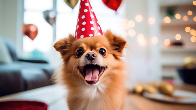 Photo un chien heureux dans un chapeau festif célèbre son anniversaire à la maison créé avec la technologie d'intelligence artificielle générative