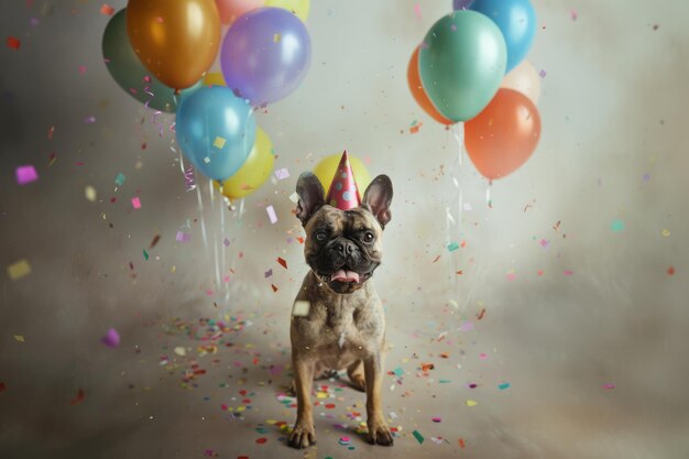 Un chien heureux dans un chapeau de fête célèbre des confettis d'anniversaire et des ballons en arrière-plan