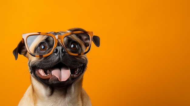 Le chien heureux dans les lunettes se tient devant la couleur solide