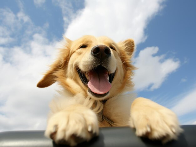 Photo chien heureux dans une voiture avec la tête par la fenêtre