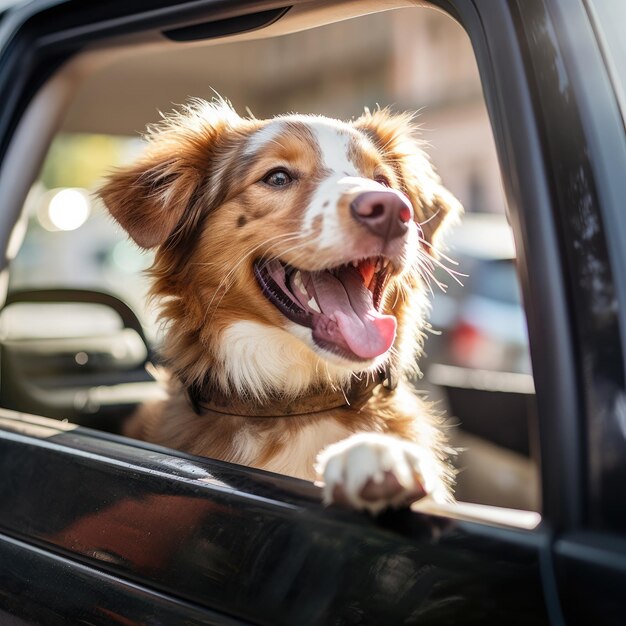 Chien heureux drôle regardant par la fenêtre de la voiture Ai générative